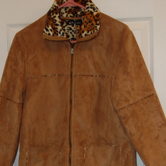 E Studio Women's Leopard Lined Long Sleeve Suede Zipper Jacket No Size Tag (S-M) - Picture 3 of 10